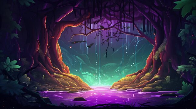 Radiant Enchantment: A mesmerizing fantasy forest aglow with ethereal light, where vibrant flora and mystical creatures Seamless looping 4k time-lapse virtual video animation background. Generated AI