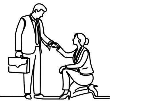 Business man helps colleague at work place and give encouragement vector illustration on white background. continuous one line drawing cartoon