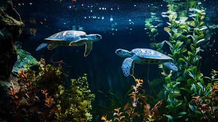 Fototapeta na wymiar Turtles Swim in Underwater Aquarium