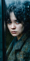 Tristeza retratada através de uma janela chuvosa