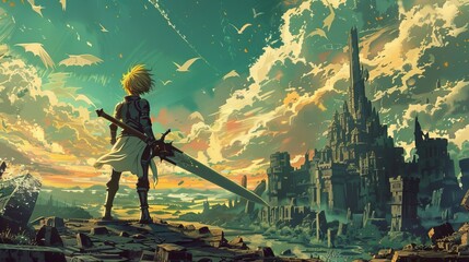 Young Armor Knight With Sword Looking To Palace, Fantasy Illustration