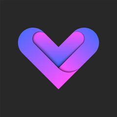 Heart shape logo on a black background, featuring purple and pink gradient stripes forming the abstract shape of a 3d heart, paper cut symbol of love.
