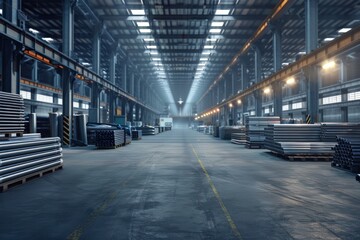 a warehouse scene with high-quality steel pipes or aluminum neatly stacked and organized, awaiting shipment - obrazy, fototapety, plakaty