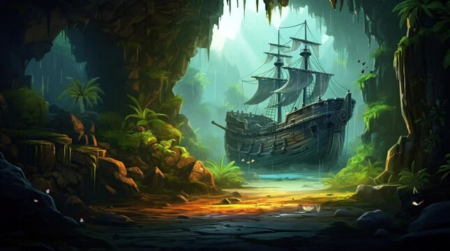 Fantasy Voyage: An ancient pirate ship emerges from the enchanting depths of a fantasy forest, its weathered hull and t  Seamless looping 4k time-lapse virtual video animation background. Generated AI