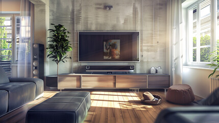 a modular TV unit concept that allows for customizable arrangements to suit various room sizes and layouts High detailed and high resolution smooth and high quality photo