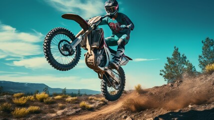 motorcycle stunt or car jump, A off road moto cross type motor bike in mid air during a jump with a dirt trail