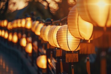 a row of Chinese lanterns during the New Year festival, warm golden hour light, a magical and...