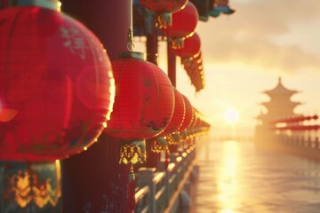 a row of Chinese lanterns during the New Year festival, warm golden hour light, a magical and...