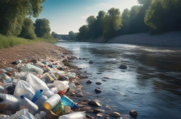 environmental pollution by garbage,plastic bags and bottles,Plastic garbage in the river , pollution and environment concept - obrazy, fototapety, plakaty