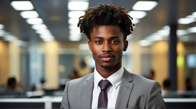 Fresh graduate young black african professional corporate office worker clerk on tech accounting law office background from Generative AI