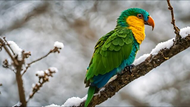 Green parrot in a branch in winter