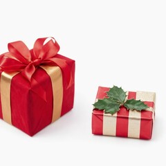 Fototapeta premium red gift box with ribbon. The decorations are Christmas leaves.