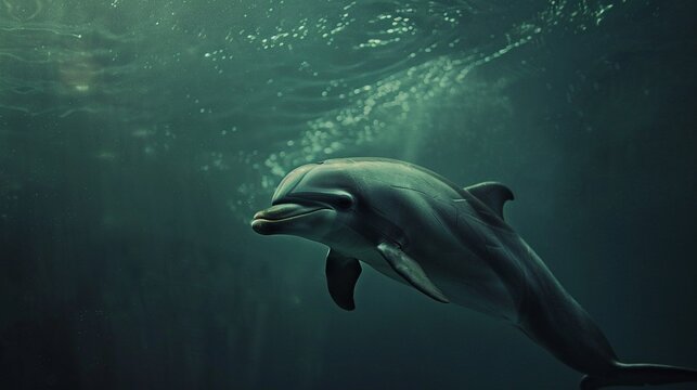 Dolphin marine biologist, underwater scene, soft light, close-uplow noise