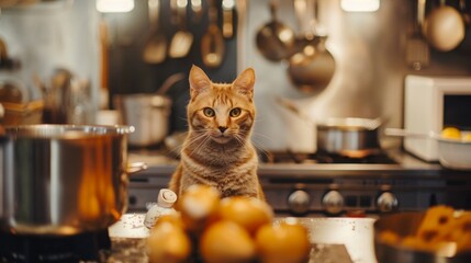 Cat chef in a bustling kitchen, warm lighting, eye level, soft focuslow noise