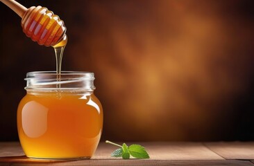 Honey in a pot or jar on the kitchen table, free space for text, dripping honey, clear stream of delicious jam - obrazy, fototapety, plakaty
