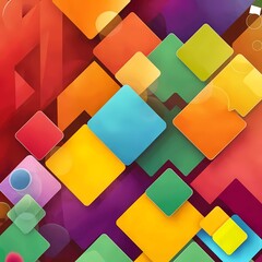 abstract background of colorful geometric shapes. The shapes are a blend of triangles, squares, and circles in various sizes, interconnected and overlapping.