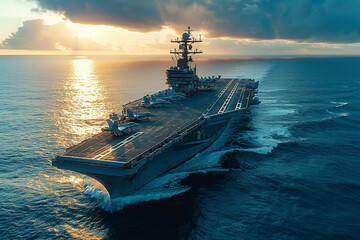 Military ship aircraft carrier in the ocean, aerial view