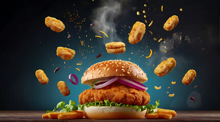 Crispy Fried Chicken Burger Advertisement: Advertisement banner showcasing a delicious crispy fried chicken burger with flying ingredients and spices, ready to serve, with ample copy space.