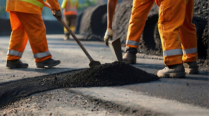 Road Construction Workers: Image capturing teamwork among road construction workers, laying tarmac and repairing road surfaces, emphasizing infrastructure development.