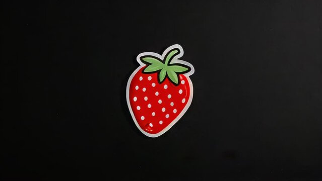 A cute sticker shaped like a red and green strawberry affixed to a black background.
