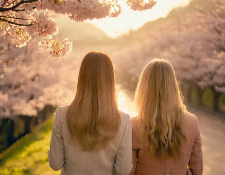 Two women looking at cherry blossoms in the evening