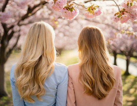 Back view of two women looking at cherry blossoms