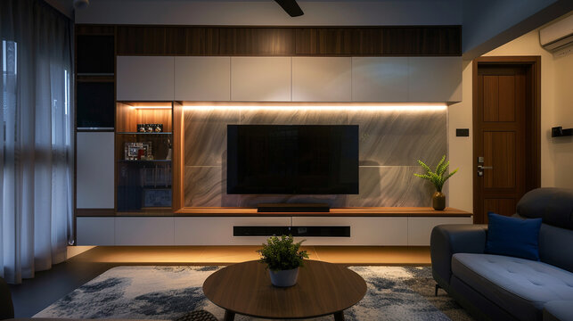 Incorporate innovative lighting features into your TV unit design to enhance ambiance and create a captivating focal point High detailed and high resolution smooth and high quality photo