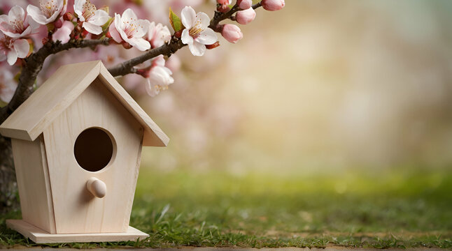 a beautiful birdhouse on a branch with blooming pink flowers and a flying bird. generative.ai

