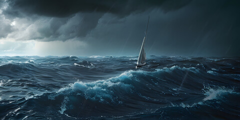 Mar agitado com um barco solitário - obrazy, fototapety, plakaty