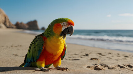 Colored parrot walking on a white sand beach. generative.ai