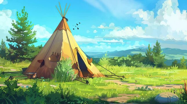 Sunlit Serenity: An Indian-style tent basking in the warm sunlight of a tranquil day, amidst the peaceful embrace of na Seamless looping 4k time-lapse virtual video animation background. Generated AI
