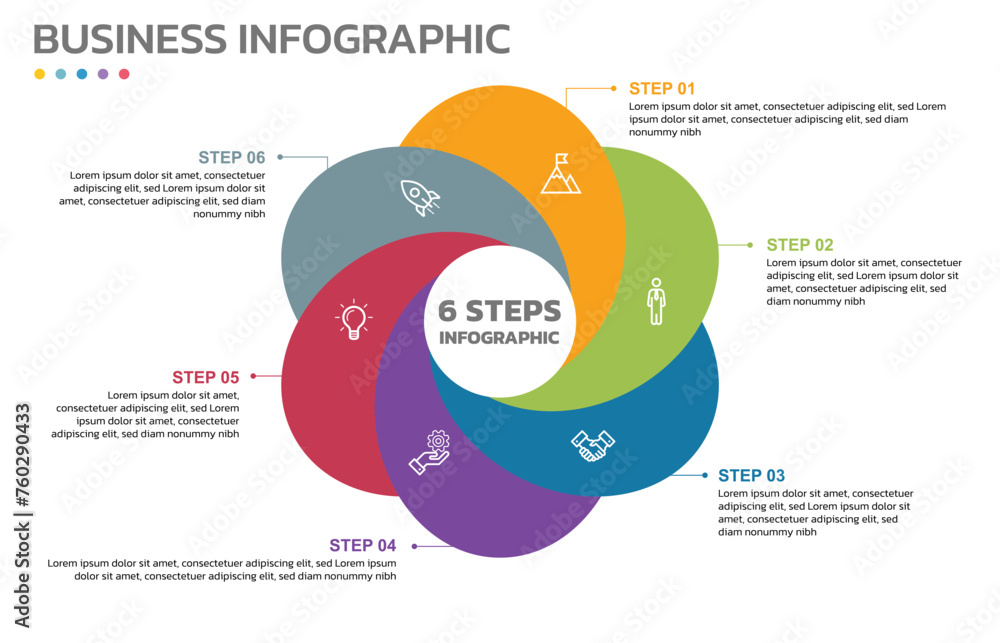 Poster Visual data presentation. Cycle diagram with 6 options. Pie Chart Circle infographic template with 6 steps, options, parts, segments. Business concept. Marketing infographic vector illustration.