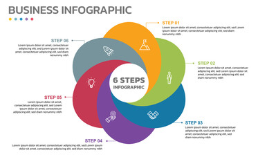 Visual data presentation. Cycle diagram with 6 options. Pie Chart Circle infographic template with 6 steps, options, parts, segments. Business concept. Marketing infographic vector illustration.