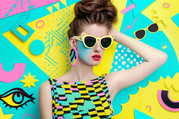 Abstract pop art collage of a beautiful woman on colorful paper background, female fashion model, young beautiful social media trendy style wearing sunglasses on a blue background