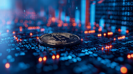 Crypto Bitcoins coins on financial blue background 3d illustration - obrazy, fototapety, plakaty