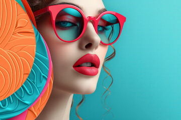 Retro pop art collage of a beautiful woman on colorful paper background, female fashion model, abstract young beautiful social media trendy style wearing sunglasses