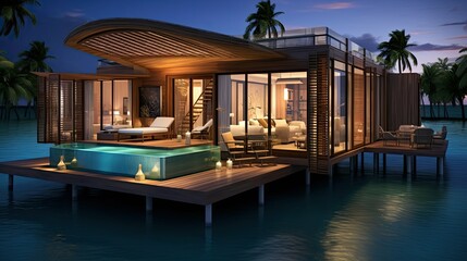 tropical water bungalow building illustration paradise vacation, relaxation escape, exotic serene tropical water bungalow building