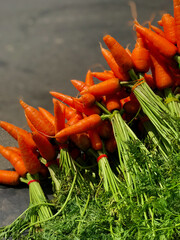 Closeup view of fresh carrots kept on sale