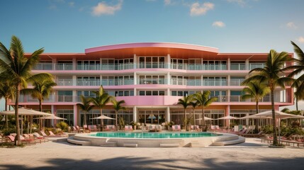 entrance exterior hotel building illustration windows doors, roof landscaping, lighting signage entrance exterior hotel building