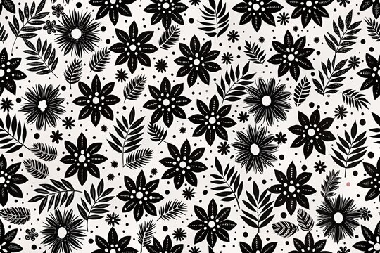 Seamless floral pattern. Black and white flowers on a white background. Black and white pattern of flowers and leaves