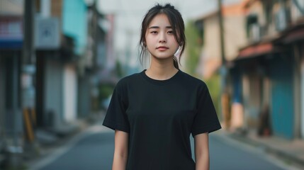 Fototapeta premium Asian woman showcasing shirt mockup, trendy fashion display. Ai Generated