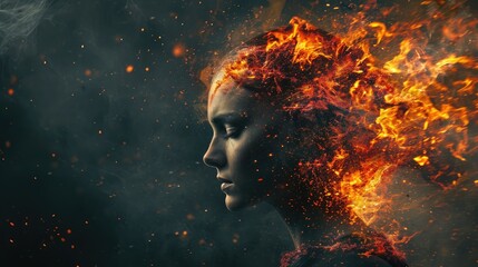 Artistic portrait of a woman with fire and magma bursting from within her. Ai Generated. - obrazy, fototapety, plakaty