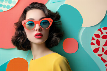 Retro pop art collage of a beautiful woman on blue teal colorful paper background, female fashion model, abstract young beautiful social media trendy style wearing sunglasses