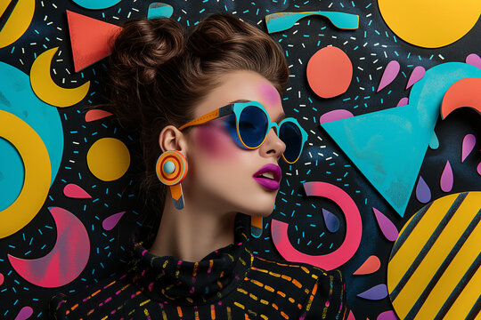 Retro pop art collage of a beautiful woman on colorful paper background, female fashion model, abstract young beautiful social media trendy style wearing sunglasses