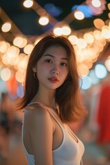 Asian girl in a white singlet at a street Christmas market, radiating festive vibes, Ai Generated.