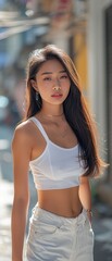 Asian girl in a white singlet on a city street, capturing the essence of a sunny day, Ai Generated.