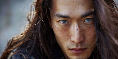 Fototapeta premium handsome Japanese man with long hair and blue eyes, generative AI