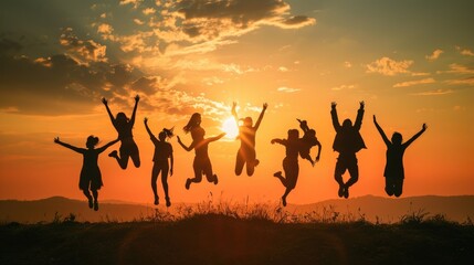 A group cheers, jumping in joy against an orange sunset, celebrating shared success, Ai Generated. - obrazy, fototapety, plakaty