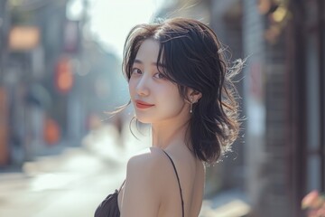 Black-haired Chinese girl in a stunning low-cut dress, smiling in sharp focus under bright daylight, Ai Generated.