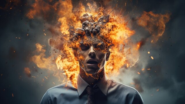 A concept depicting a male head with an exploding brain, symbolizing the impact of burnout, Ai Generated.